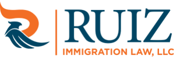 Logo for Ruiz Immigration Law, LLC, featuring a stylized letter "R" with an orange and blue design.