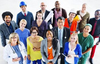 A multicultural group of professionals representing different