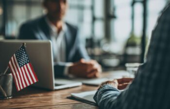 A lawyer provides immigration advice to a client in a modern corporate office. The scene includes a laptop and a U.S. flag on the desk, creating a professional consultation atmosphere.