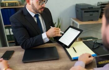 Un hombre trajeado muestra un formulario digital de solicitud de visado en una tableta a otra persona en la mesa de una oficina.
